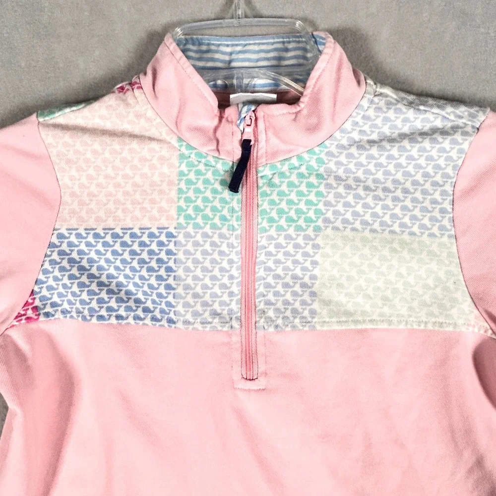 Vineyard Vines Pullover Girls L 10/12 Pink Patchwork Whale Print Quarter Zip Top